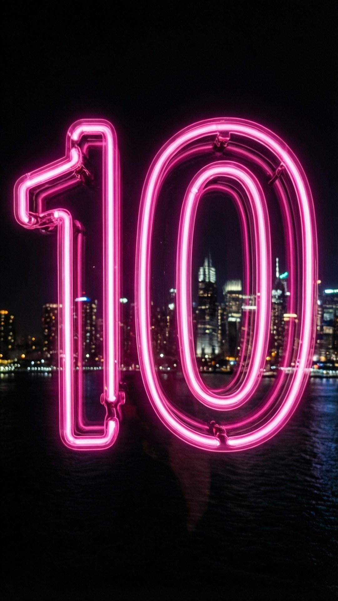 霓虹 10 夜景 壁紙 — 一個發光的粉紅色霓虹燈數字十，在夜間映照在水面上的黑暗城市天際線前顯得突出。