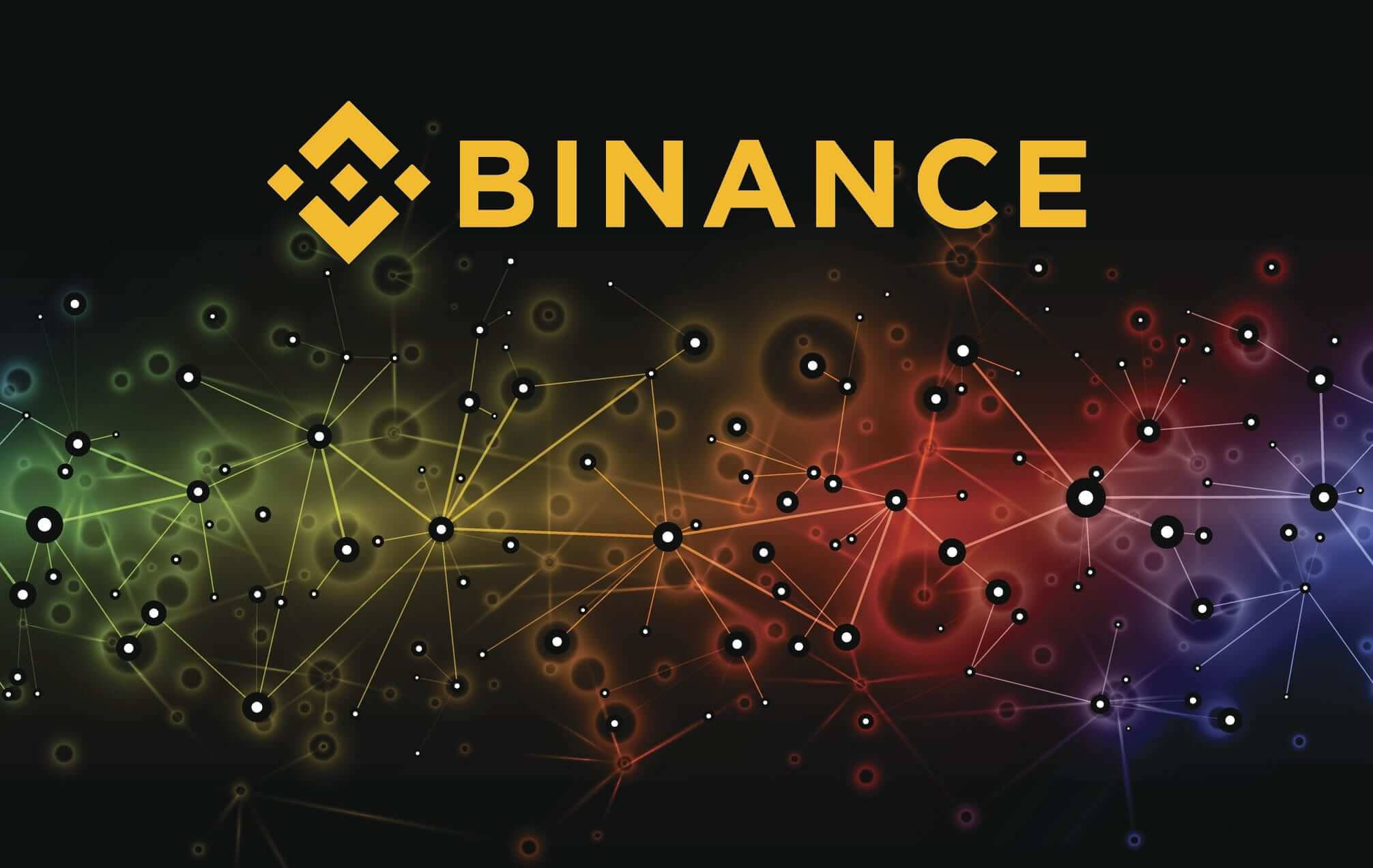 霓虹 Binance 連接 壁紙 — 金色嘅Binance標誌喺黑暗背景上突出，帶有發光嘅相互連接節點，呈現鮮豔彩虹色調。
