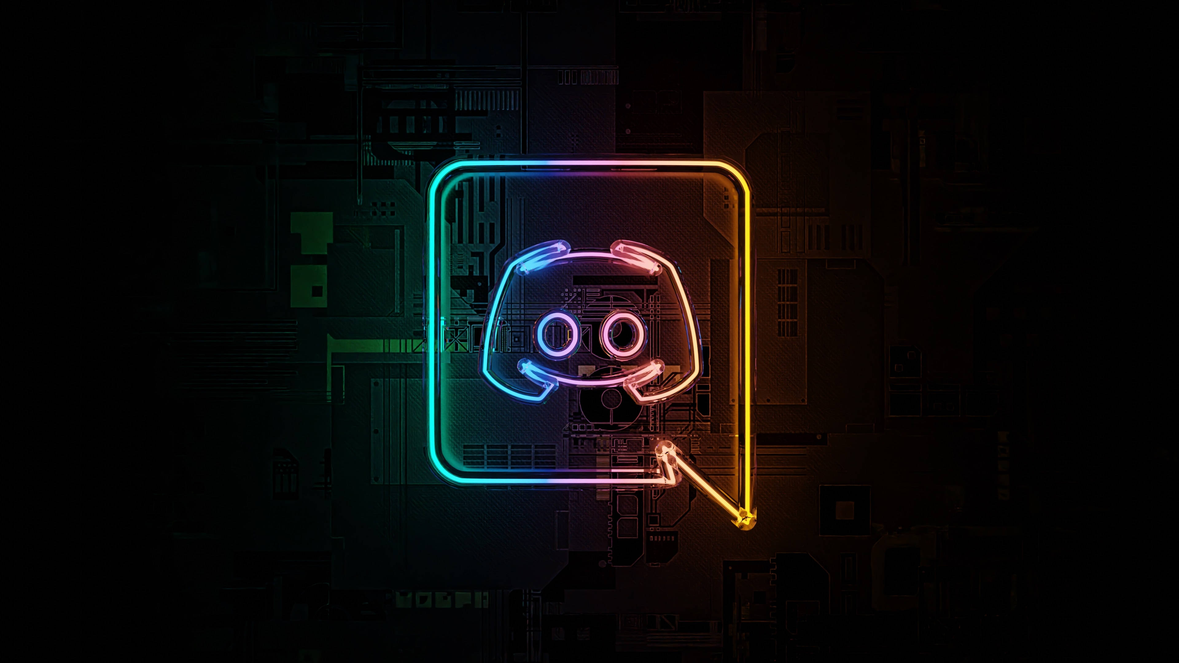 霓虹 Discord Clyde 圖標 壁紙 — 發光的霓虹燈Discord標誌在黑暗的電路板背景上閃爍著彩虹色調。