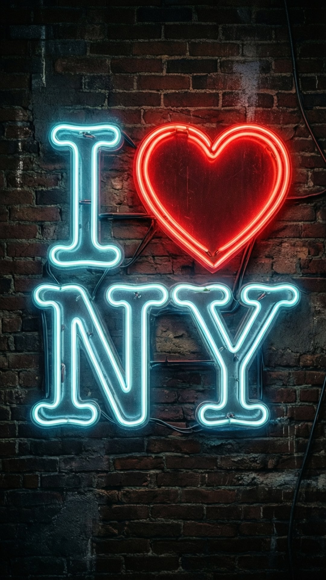 霓虹 I ❤ NY 壁紙 — 一個發光的霓虹燈牌，上面用藍色和紅色燈光寫著「I heart NY」，安裝在深色磚牆上。