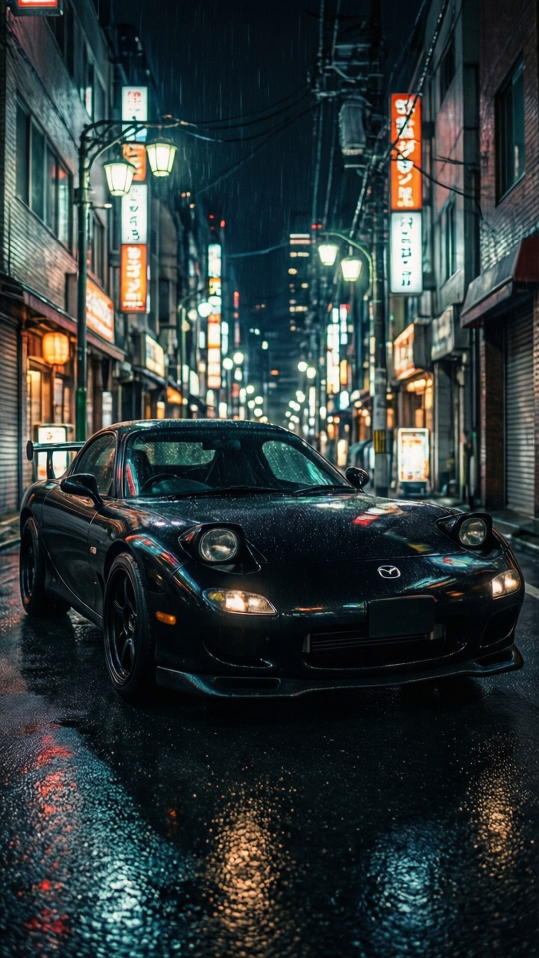 黑色跑車在夜晚行駛於濕漉漉的霓虹燈城市小巷