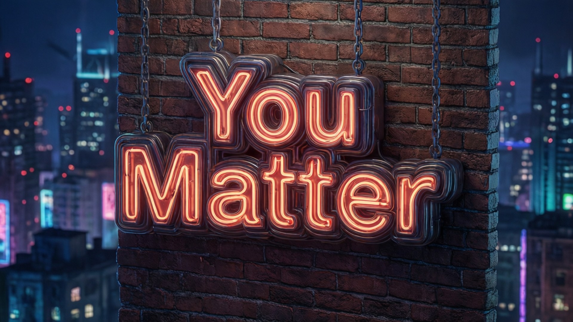 寫著「You Matter」的霓虹燈牌掛在磚牆上，懸於夜晚的城市燈光之上。