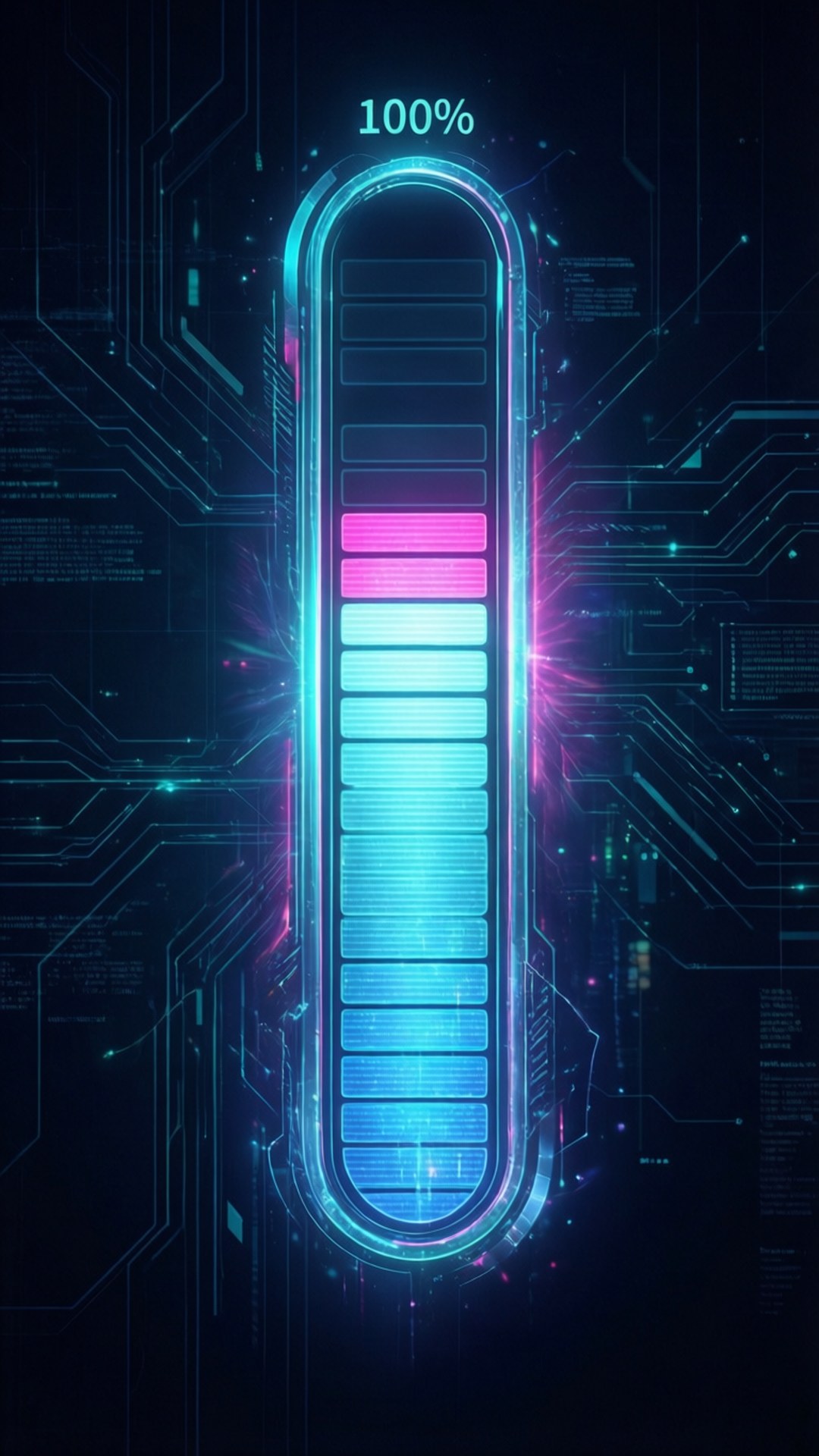 霓虹100%進度條 壁紙 — 一個發光的未來風格進度條在100%時，在黑暗的電路板背景上脈動著青色和洋紅色的光芒。