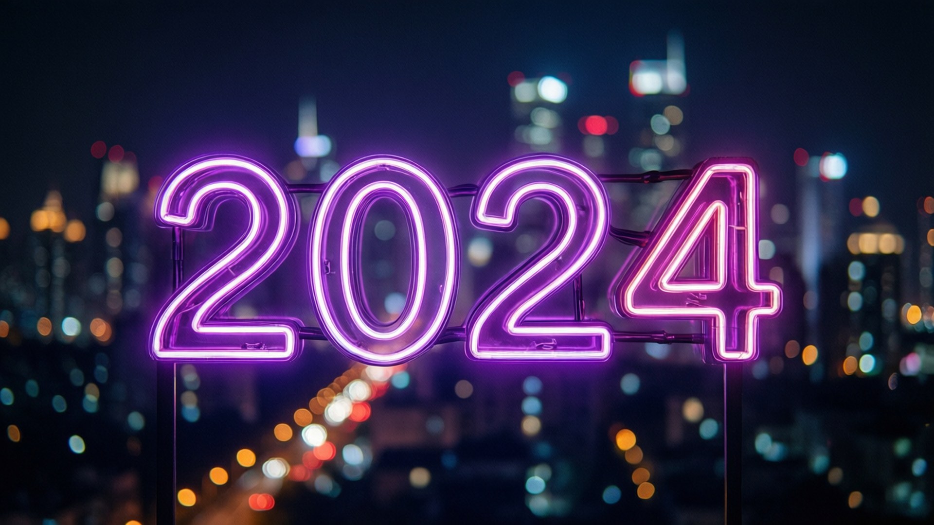霓虹2024城市夜景 壁紙 — 鮮豔的紫色霓虹燈顯示2024，在夜間模糊的城市天際線中發光。
