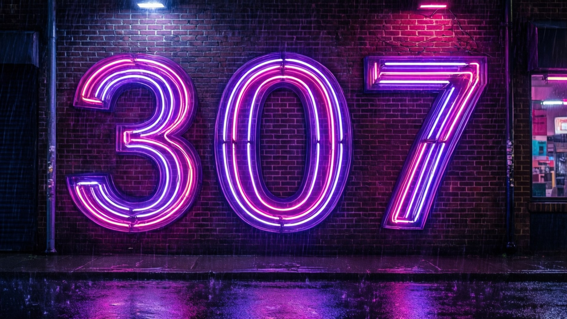 霓虹燈牌307在夜雨中在濕磚牆上發光。