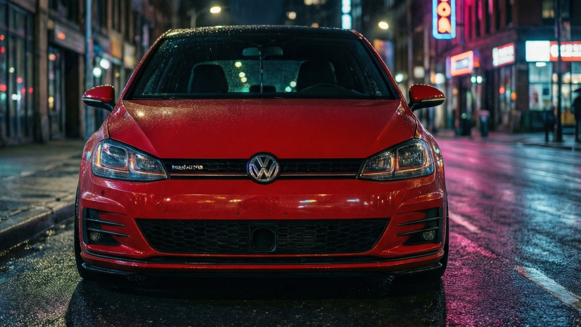 紅色福士 Golf R 在夜間霓虹燈下停泊在濕漉漉的市區街道上