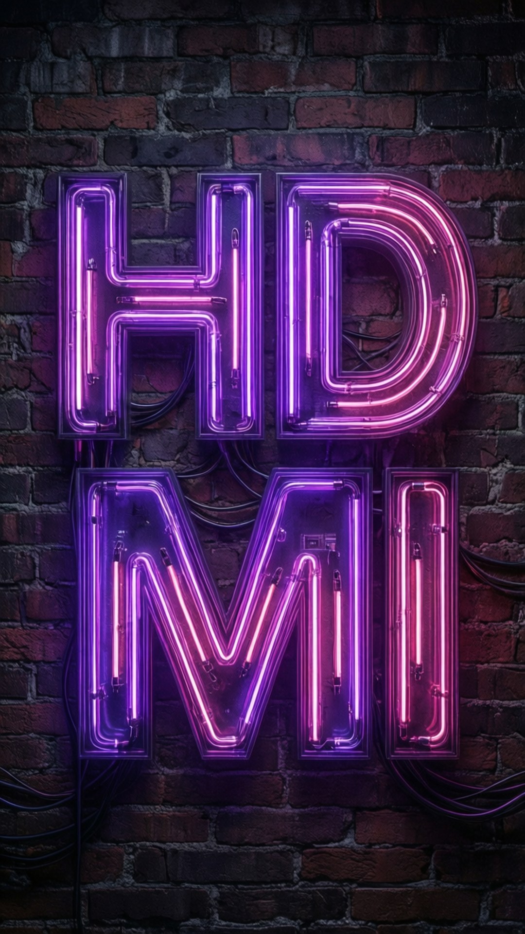 安裝在磚牆上的紫色霓虹燈HDMI標誌。