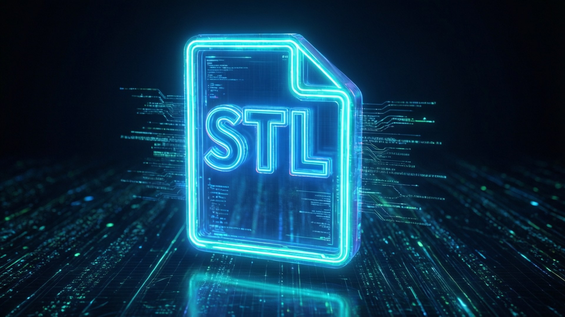 發光藍色STL檔案圖示在數位電路板上，帶有流動的程式碼。