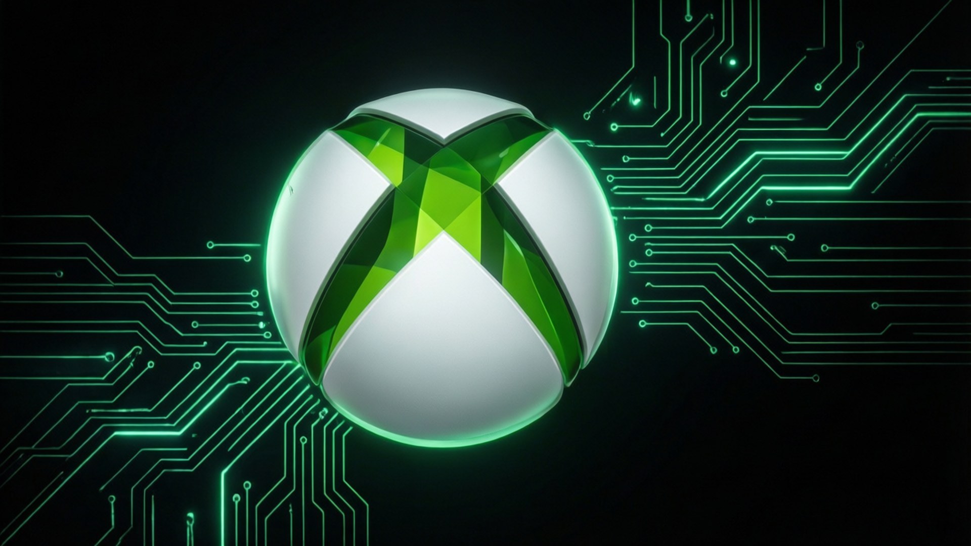 發光的Xbox標誌球體，被綠色電路板圖案包圍，背景為黑色