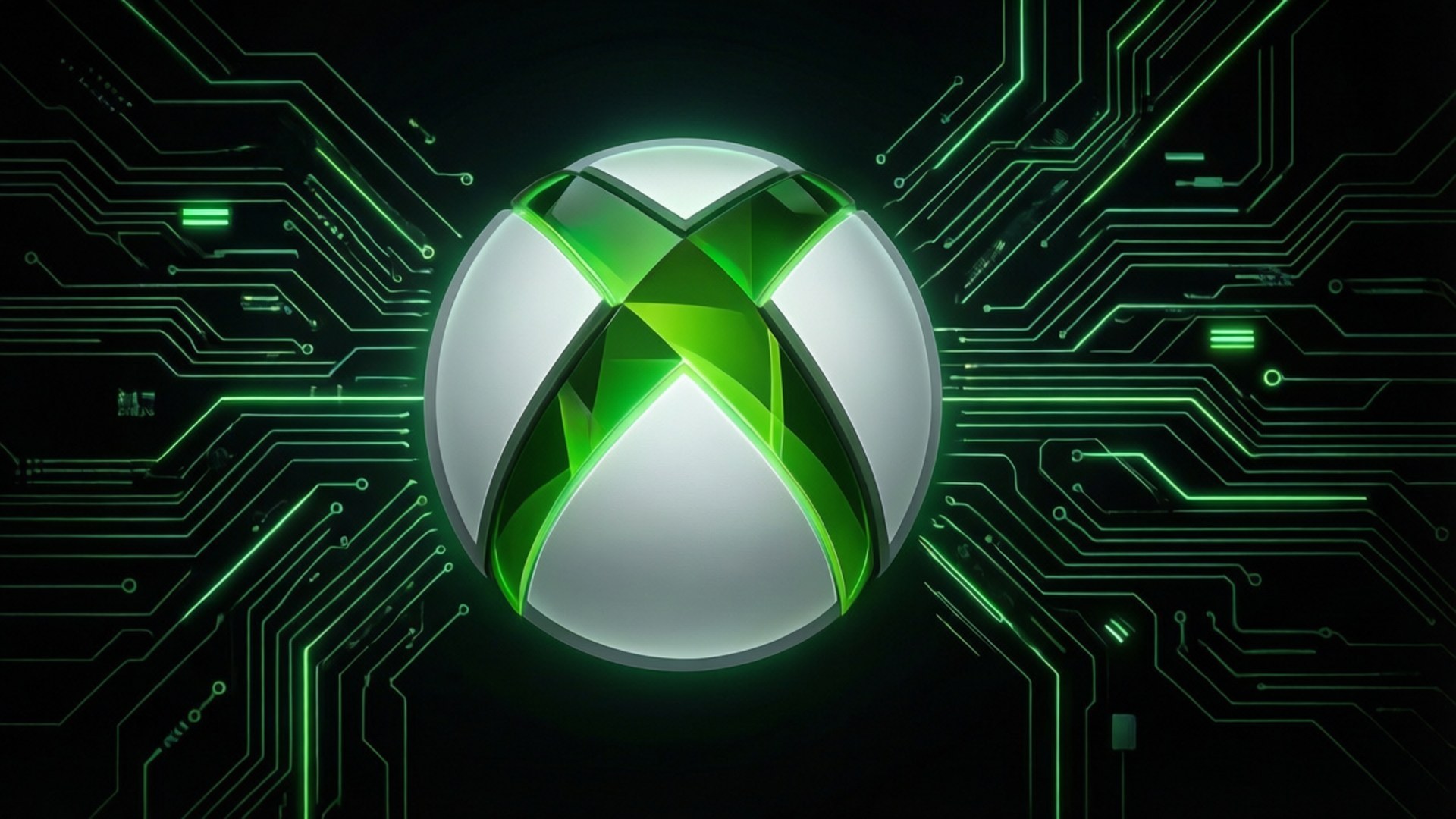 黑暗電路板上的發光Xbox標誌，帶有綠色霓虹線條