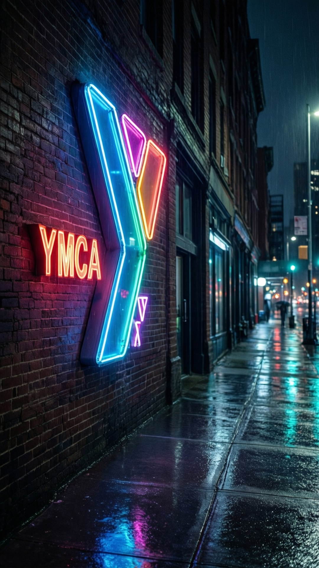 霓虹燈YMCA標誌在潮濕的磚牆上發光，位於雨夜的城市小巷中。
