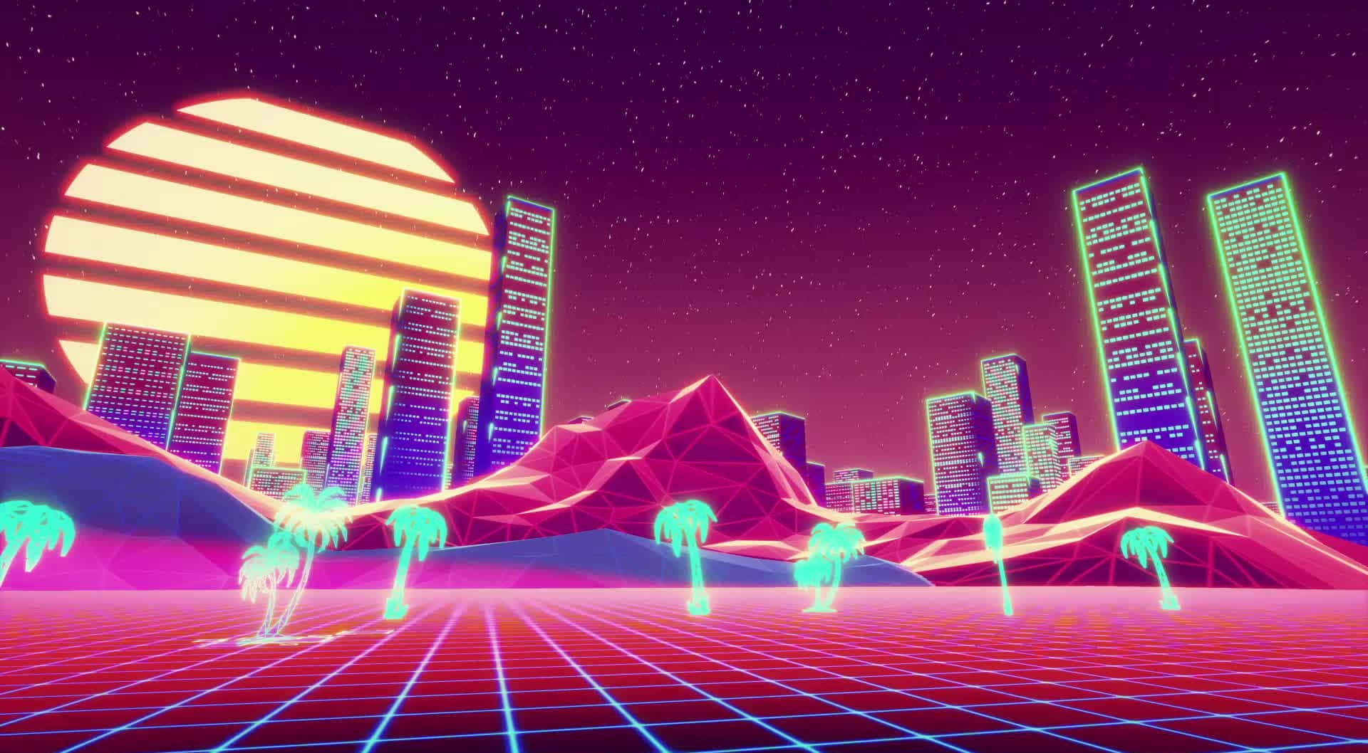 霓虹燈照亮的復古未來城市，棕櫚樹和條紋太陽在星空下。