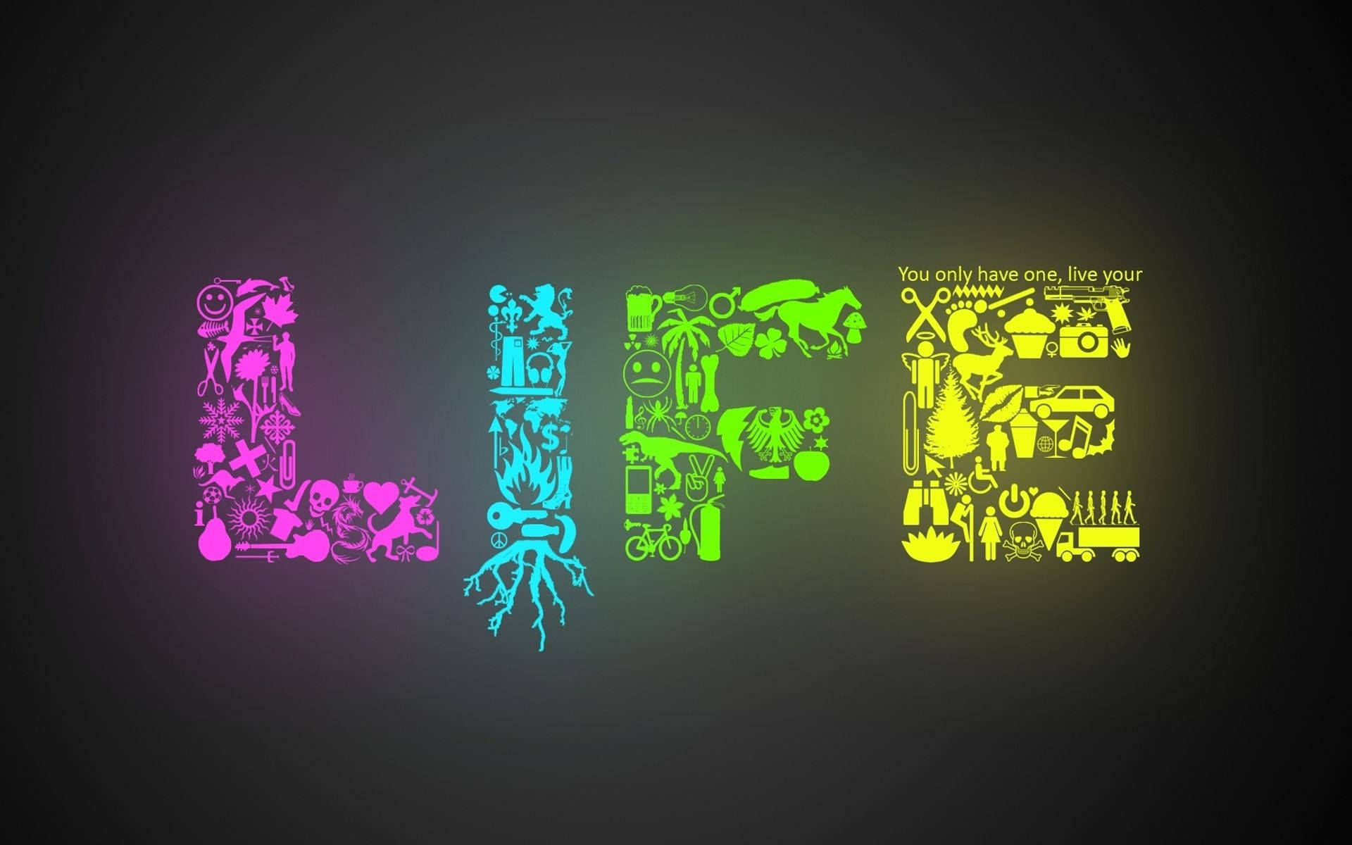 霓虹人生桌面壁紙 壁紙 — 「LIFE」一詞以鮮豔的霓虹色彩發光，每個字母都充滿了多種圖標，象徵著存在的不同方面，背景為深色漸變。