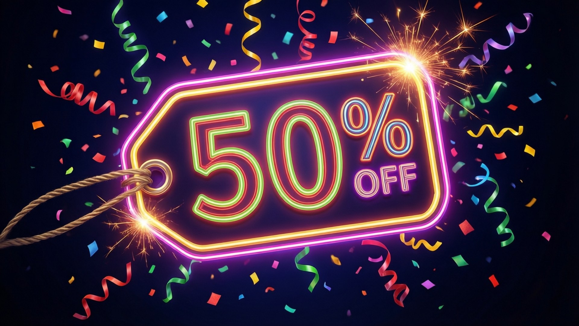 霓虹燈優惠標籤，50%折扣，周圍環繞著五彩紙屑和火花。