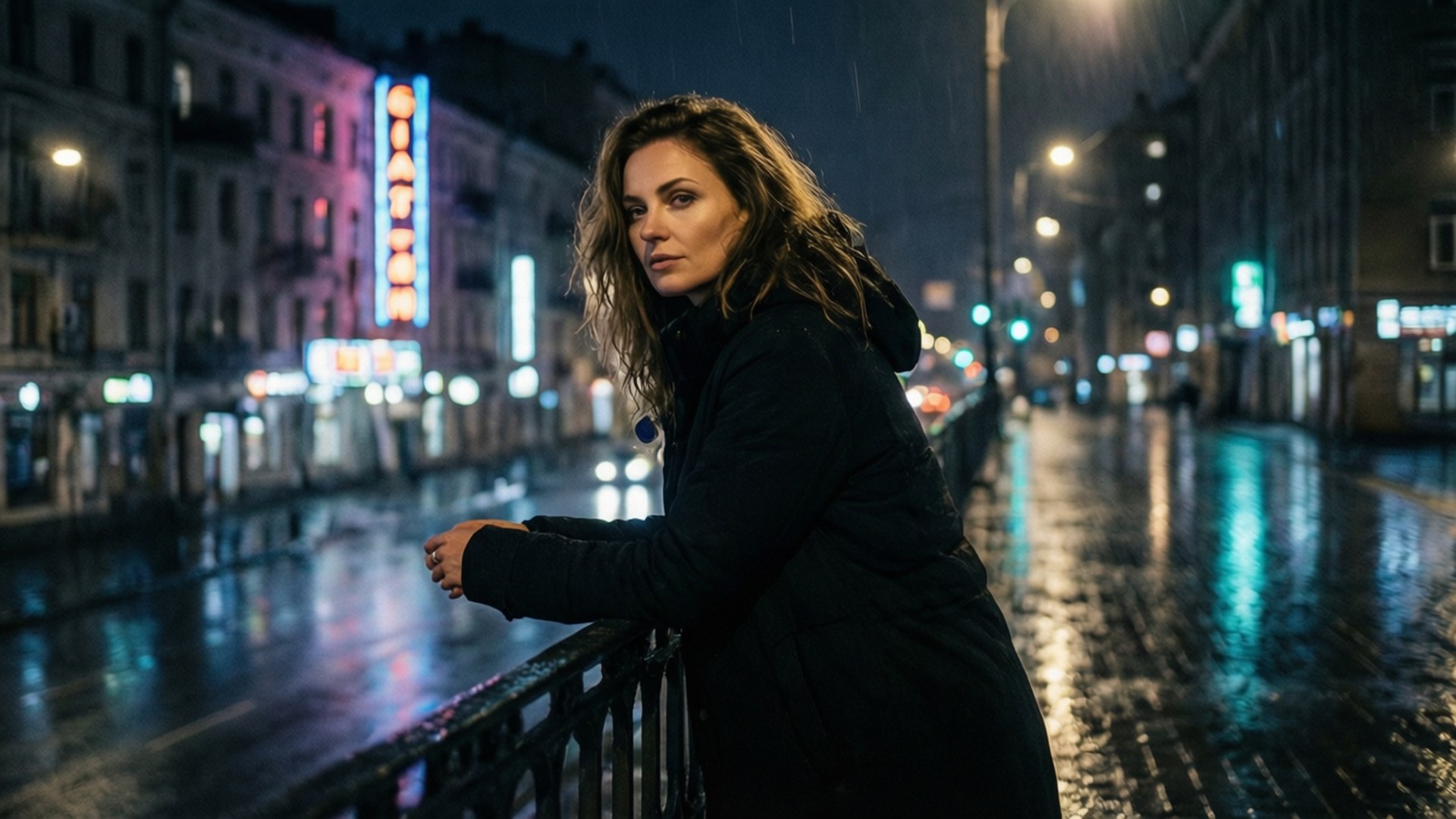 穿著黑色外套的女子在雨夜的城市街道上靠著欄杆，霓虹燈光反射在潮濕的路面上。