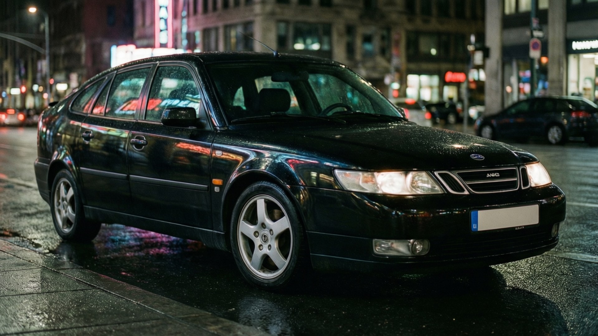黑色薩博轎車停在夜間潮濕的城市街道上，帶有霓虹燈反射