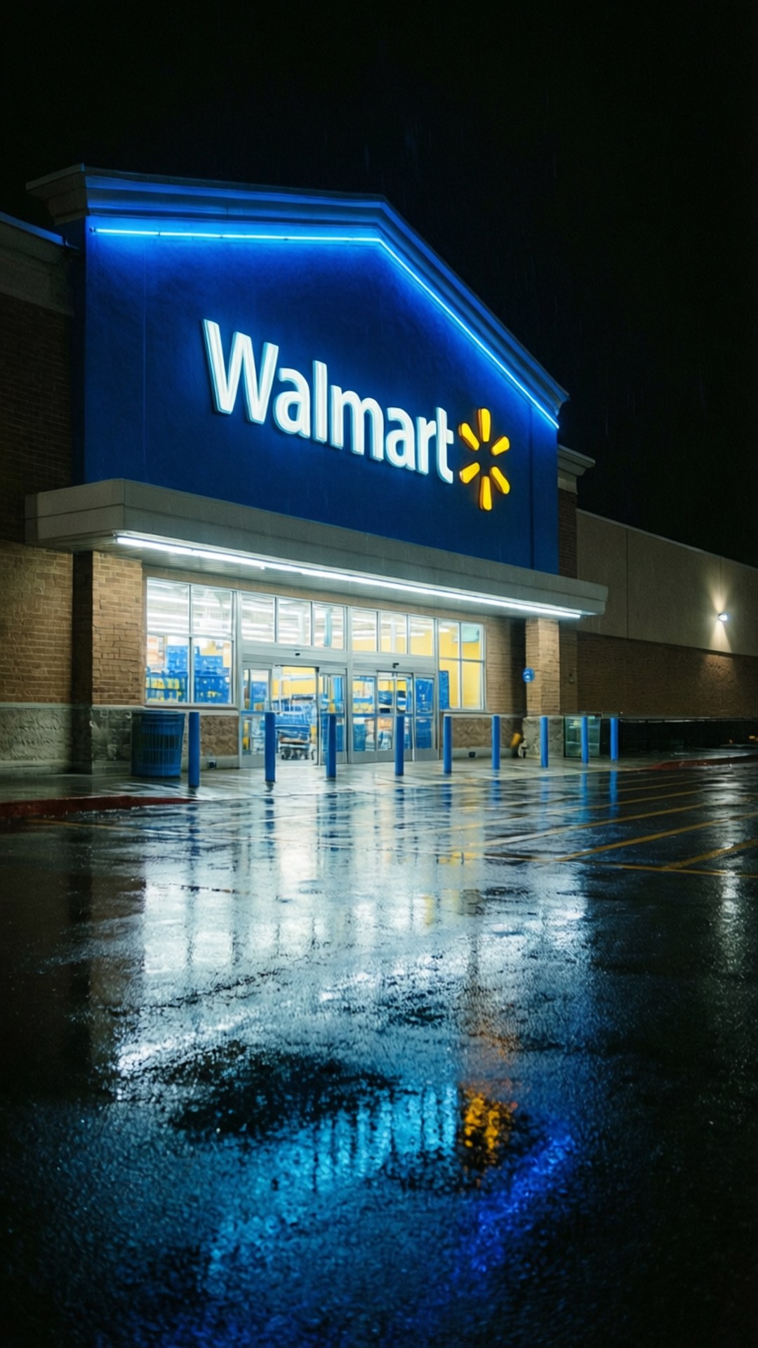 夜晚的Walmart商店入口，藍色霓虹燈光在濕漉漉的路面上反射。