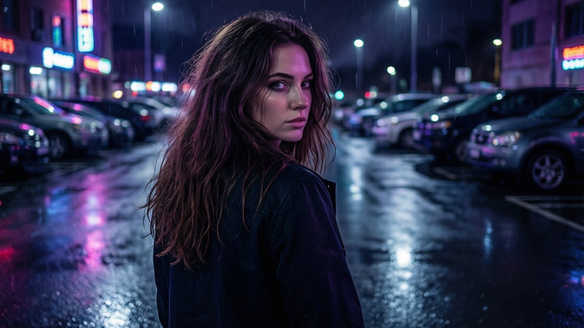 濕髮女性在霓虹燈下，站在雨夜的都市街道上。