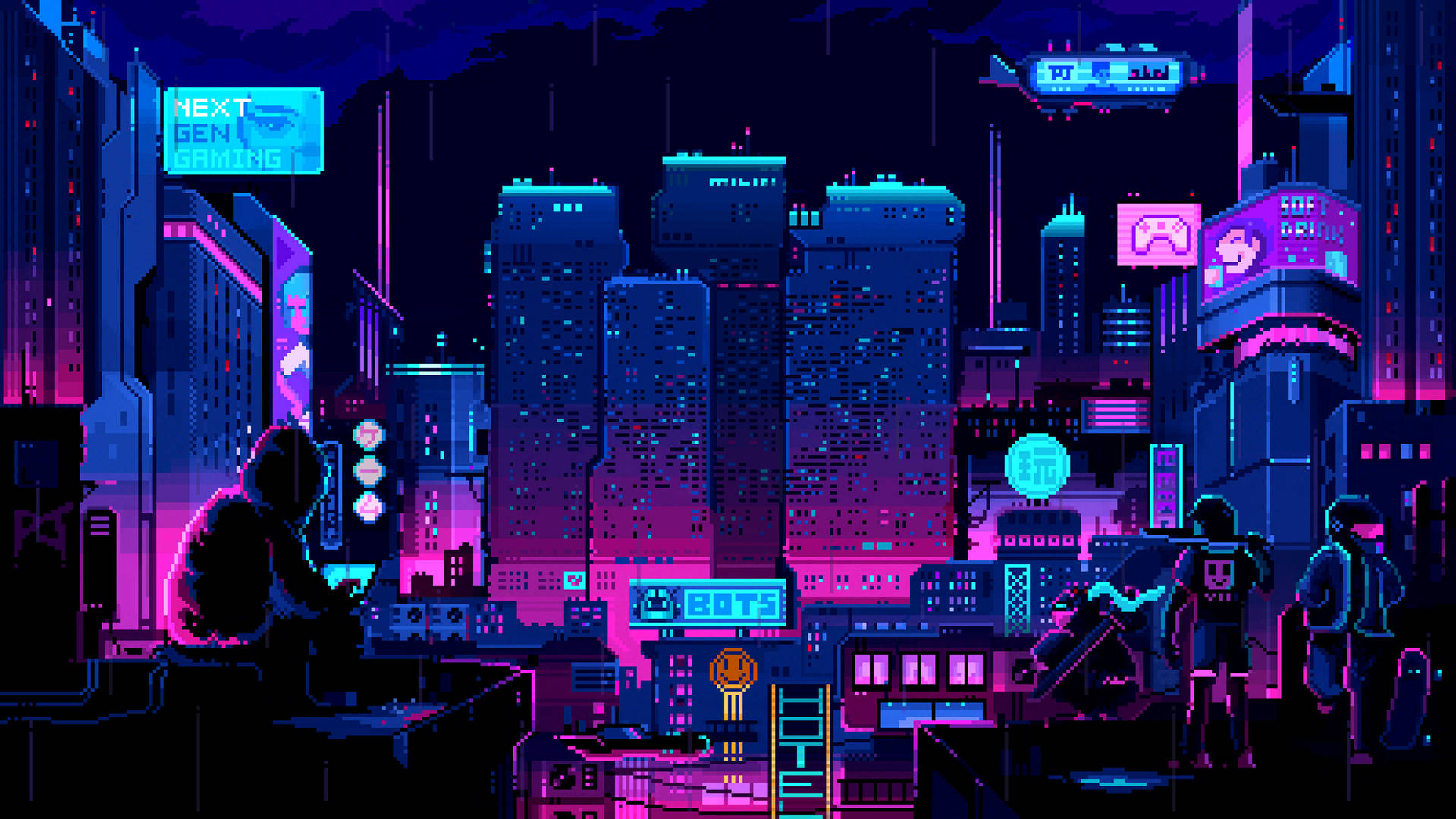 霓虹燈照亮的賽博龐克城市夜景，有雨水和剪影人物。