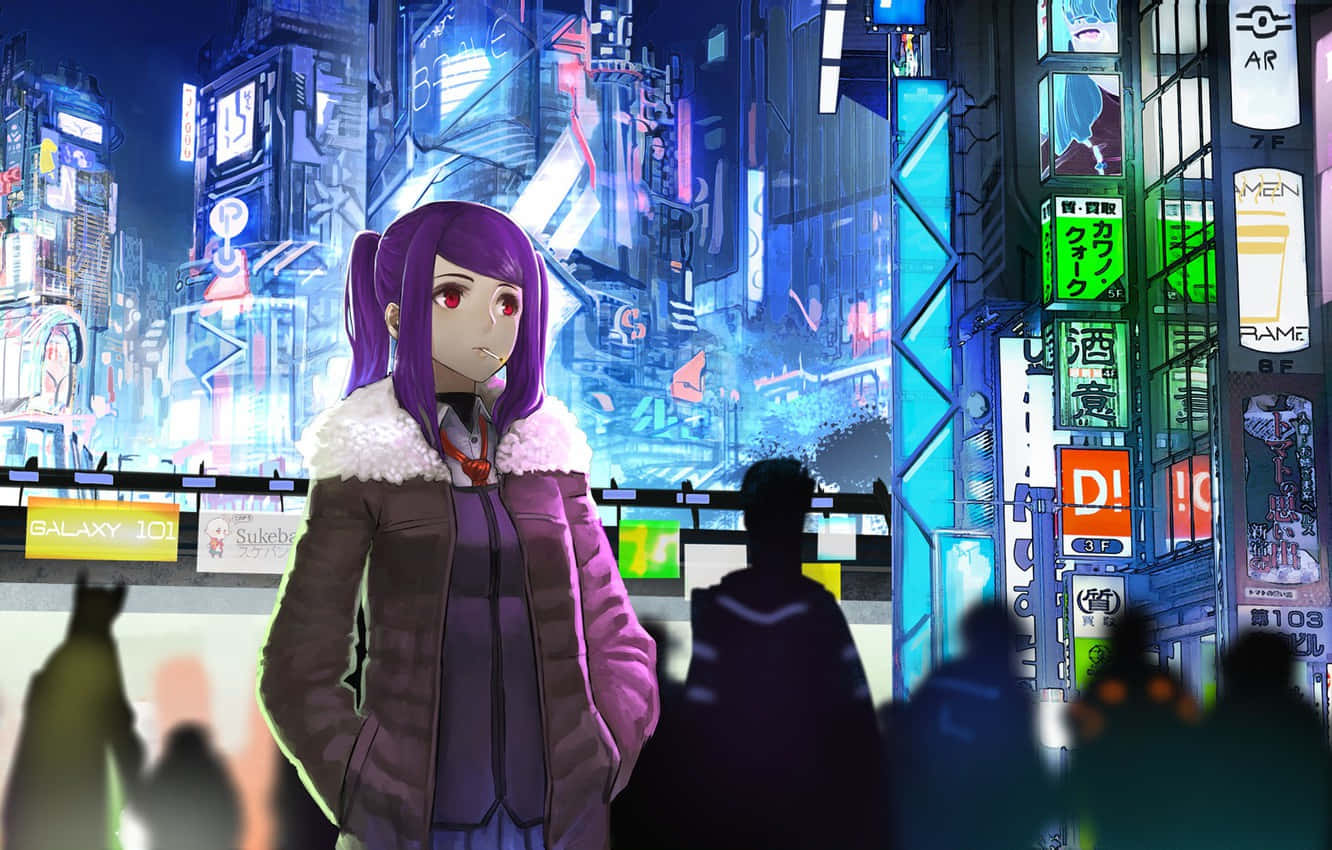 紫髮動漫女孩穿著冬季外套，站在夜晚霓虹燈閃爍的未來城市中。