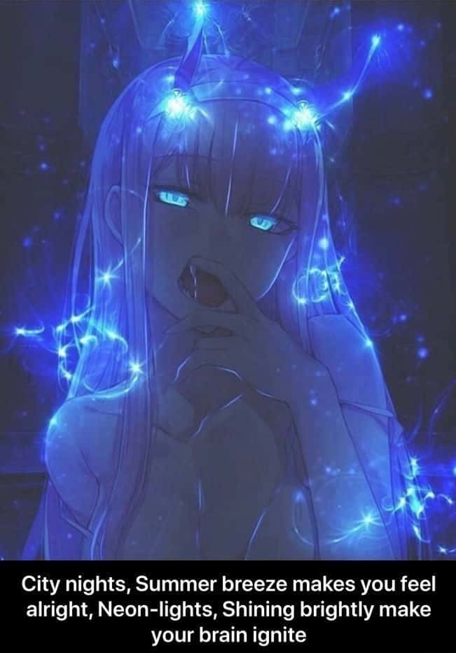 夜晚被電火花包圍的發光藍髮藍眼動漫女孩。