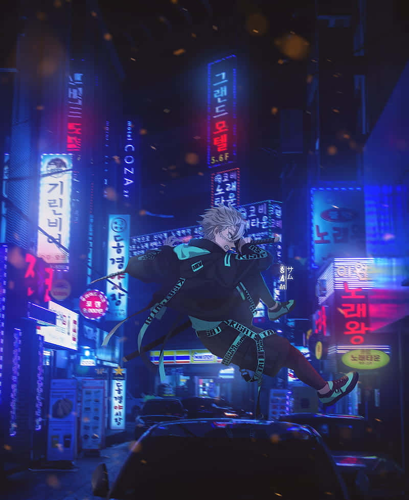 動漫角色在夜晚跳過霓虹燈閃爍的韓國城市街道。