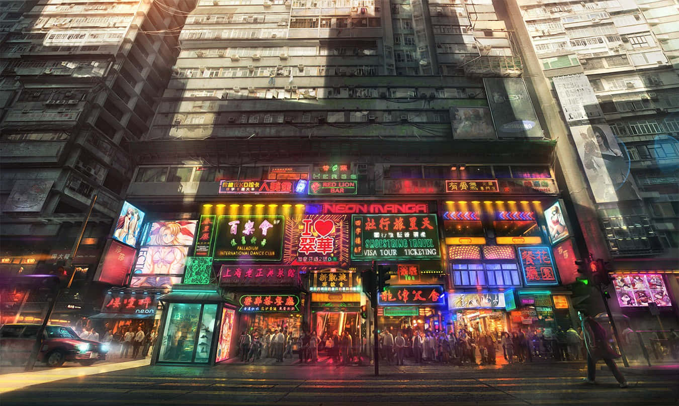 夜晚霓虹燈照亮都市街道，人群與發光招牌。
