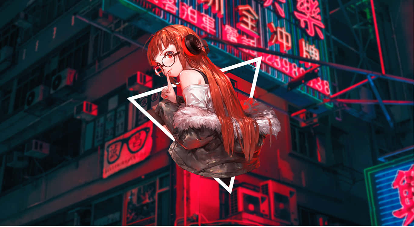 紅髮戴眼鏡的動漫女孩漂浮在夜晚的霓虹城市中。
