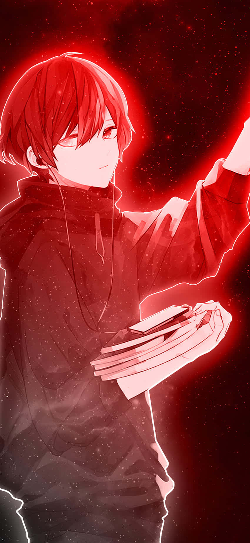 紅髮動漫男孩在紅色發光燈光下抱著書。