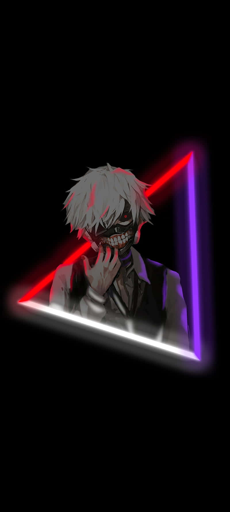 霓虹動漫男孩金田一 Ken Kaneki 壁紙 — 一個蒼白的動漫角色，白髮戴面具，被一個發光的紅紫霓虹三角形框在黑色背景上。