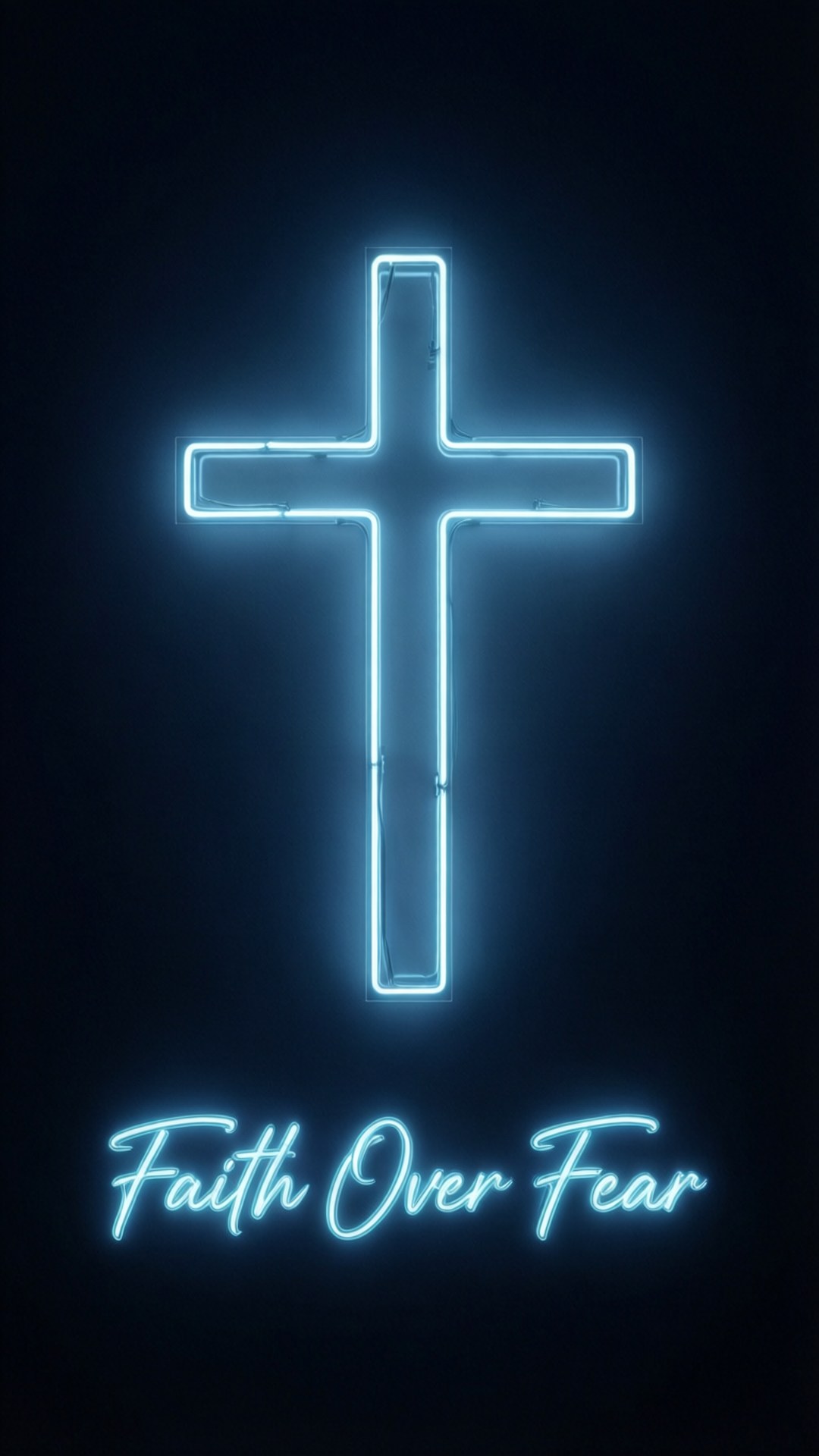 霓虹十字架，帶有 Faith Over Fear 文字，在黑暗背景下發出藍色光芒