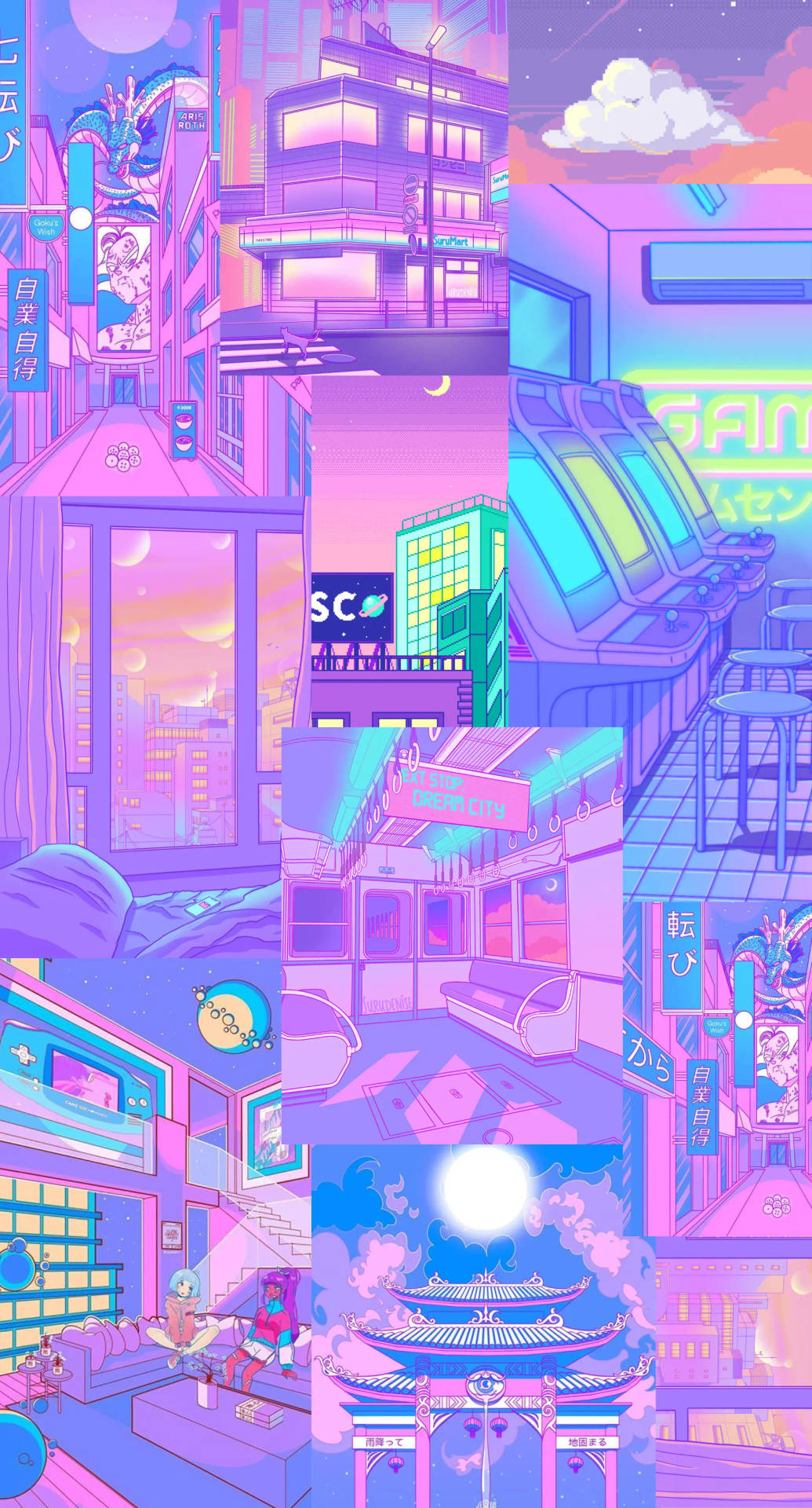 在星空下，未來主義的霓虹城市，配有街機和傳統建築。