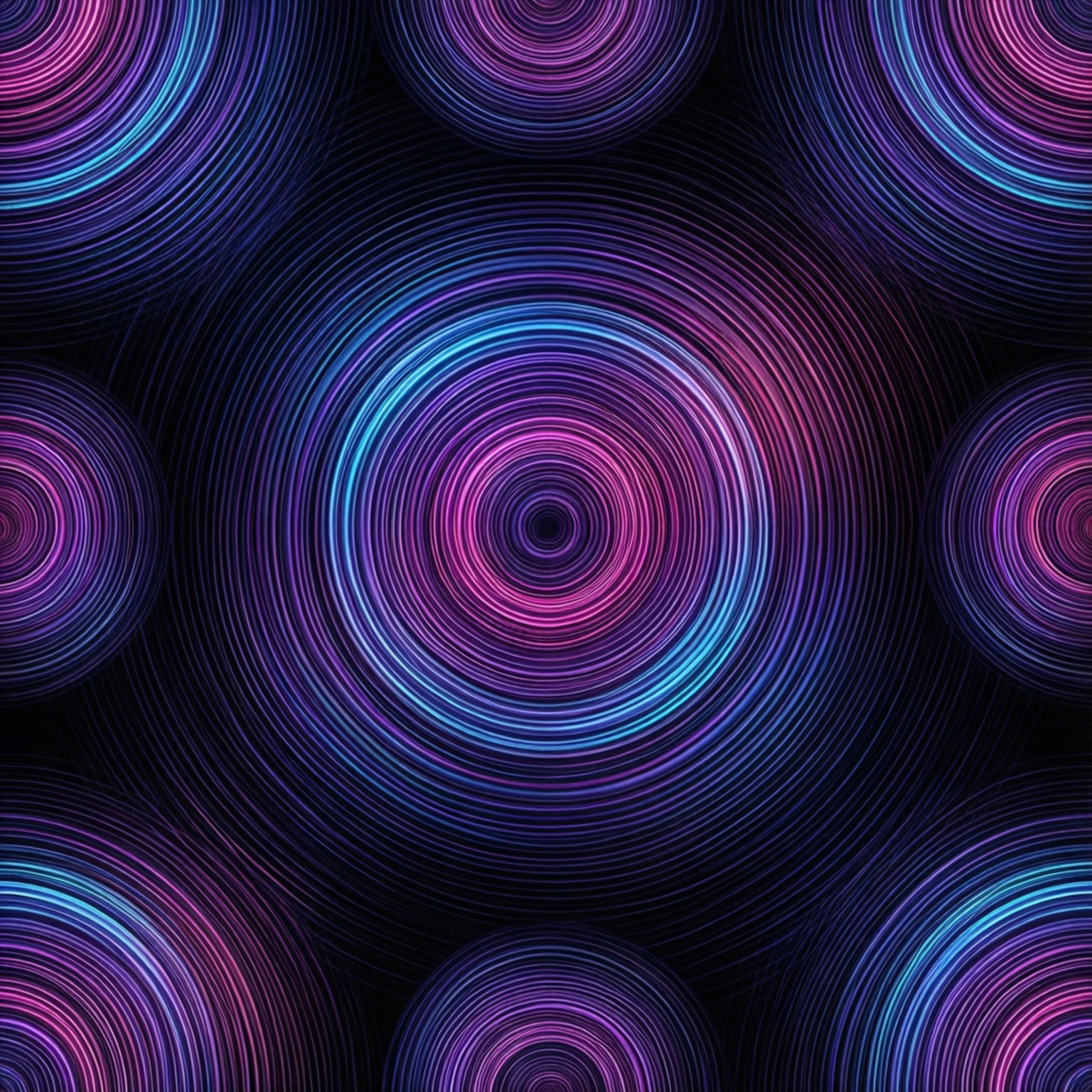 霓虹同心圓環 壁紙 — 在深黑色背景上，充滿活力的同心圓散發出電光藍和洋紅色的光芒。