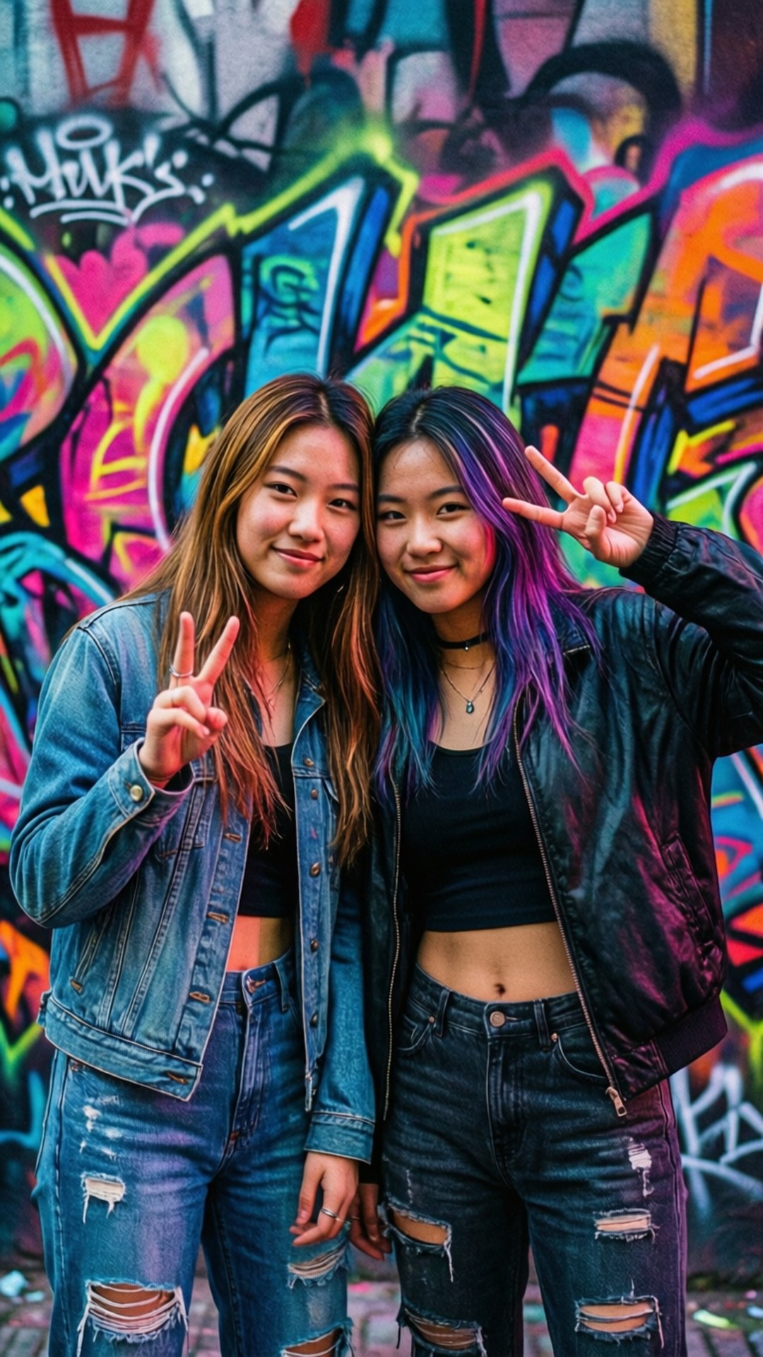 兩位年輕女性在色彩繽紛的塗鴉藝術前比出和平手勢。