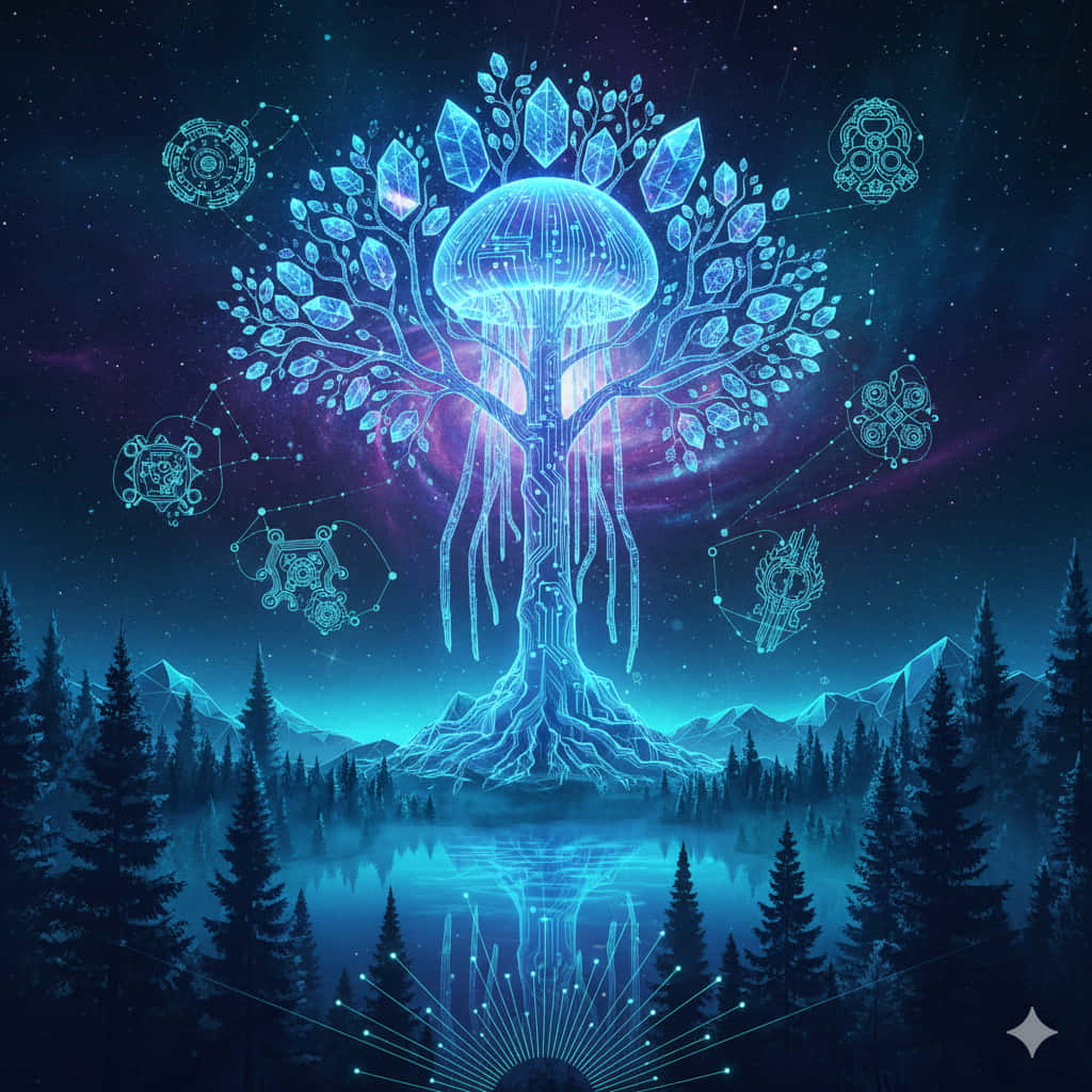 霓虹地平線：銀河網格 壁紙 — 一棵發光的藍色電路樹，帶有水晶般的葉子，矗立在霧氣瀰漫的森林湖泊中，上方是星光燦爛的宇宙天空，漂浮著幾何符號。