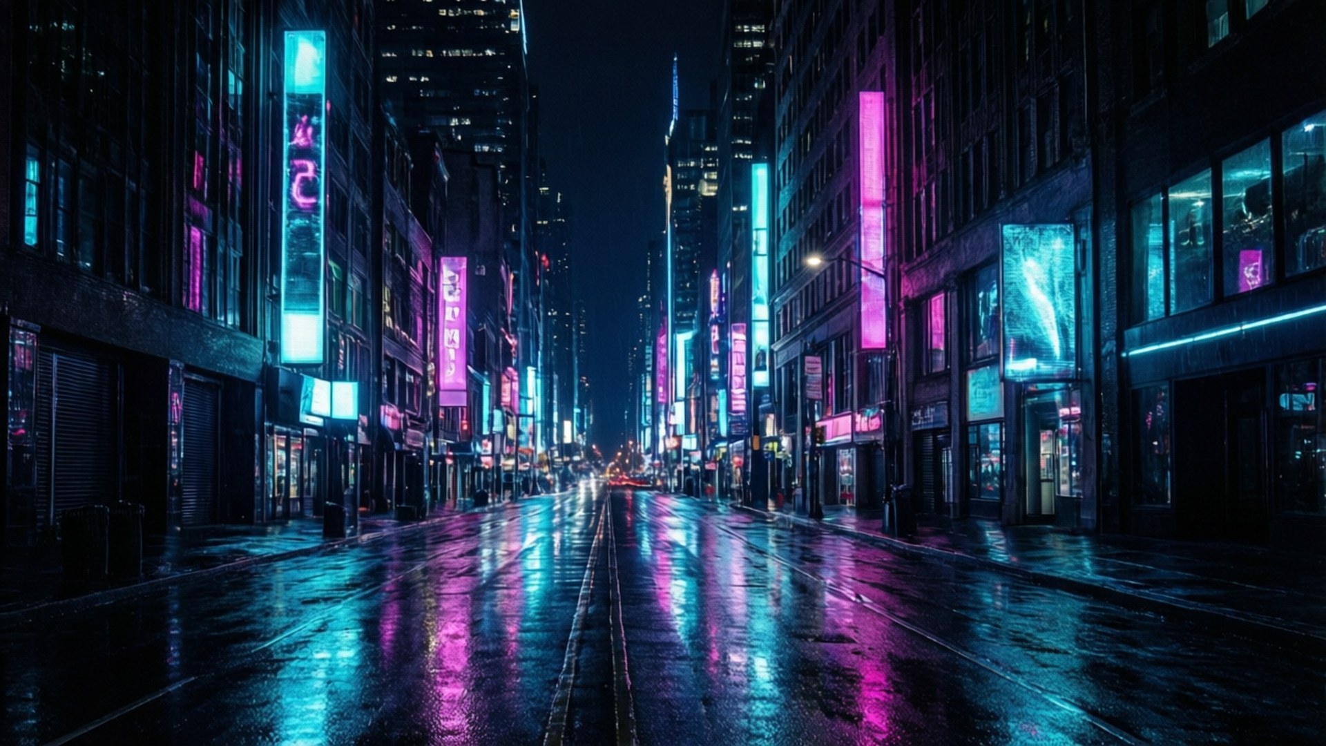 夜間潮濕的城市街道，霓虹燈光在人行道上閃爍反射。