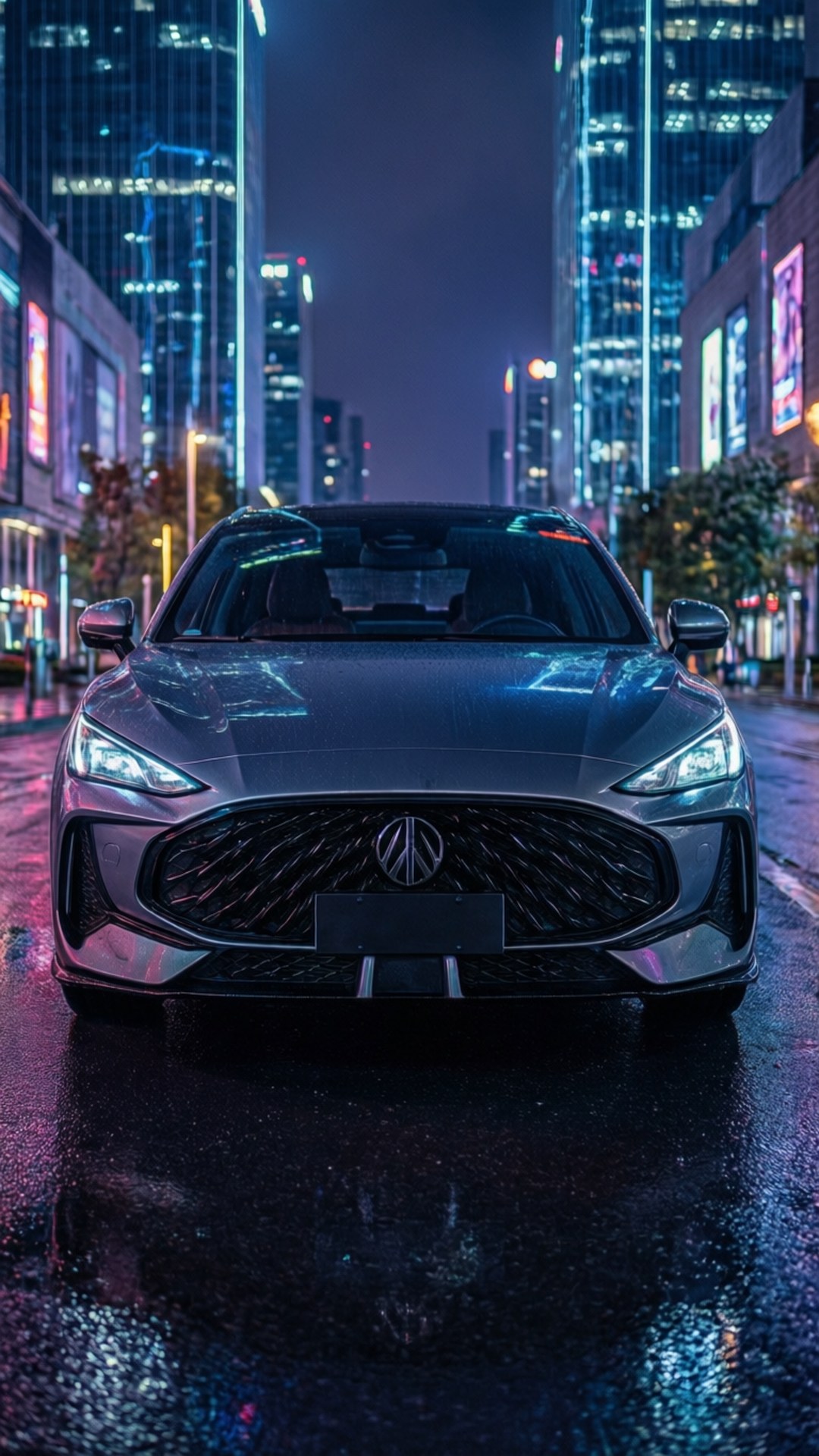 霓虹城市夜景 壁紙 — 一輛時尚的銀色跑車在夜間濕漉漉的城市街道上，在霓虹燈下閃閃發光，高聳的摩天大樓倒映在水坑中。