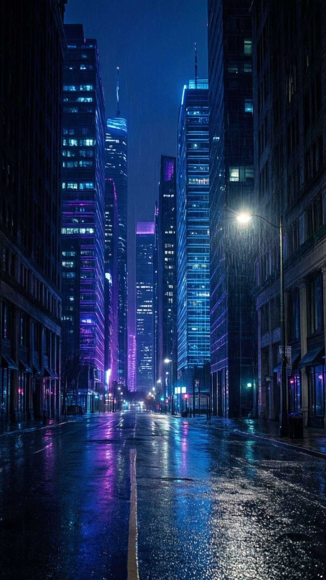 霓虹城市夜景 壁紙 — 夜晚被雨水浸濕的城市街道，高聳的摩天大樓閃爍著電光藍和紫色的霓虹燈光。