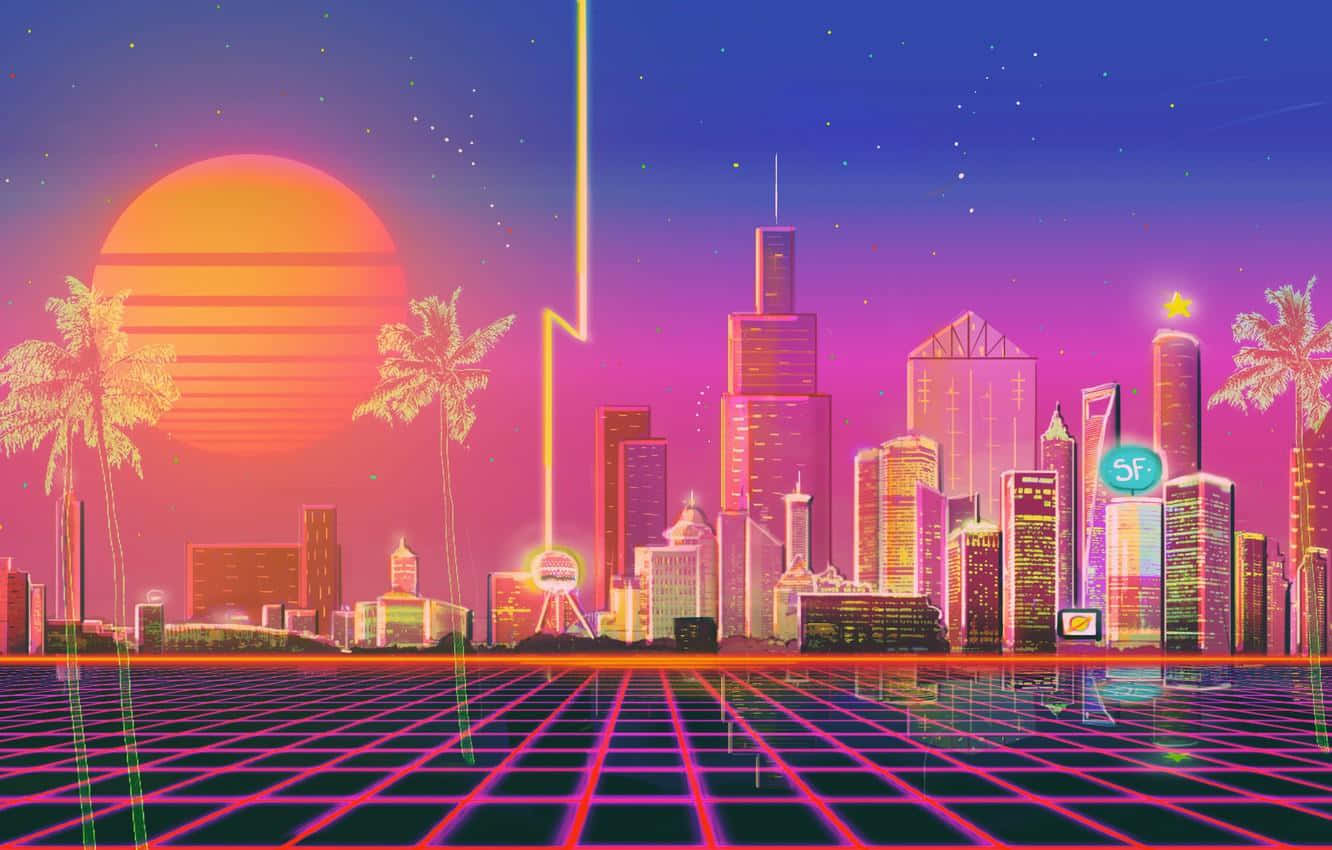 夕陽天空下，棕櫚樹和發光網格的霓虹城市天際線。