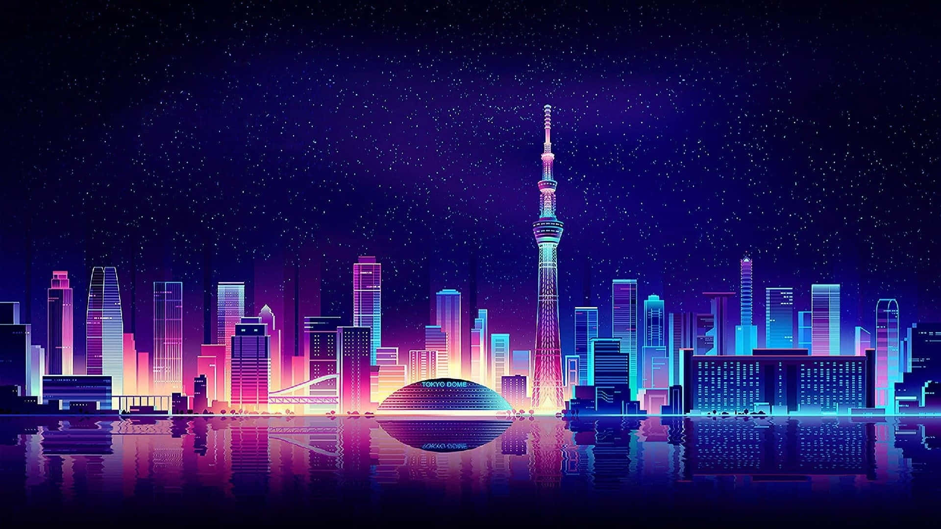 霓虹城市夜間氛圍 壁紙 — 霓虹燈閃爍的未來城市天際線夜景，發光的摩天大樓和中央塔樓在繁星點點的紫色天空下倒映在水中。