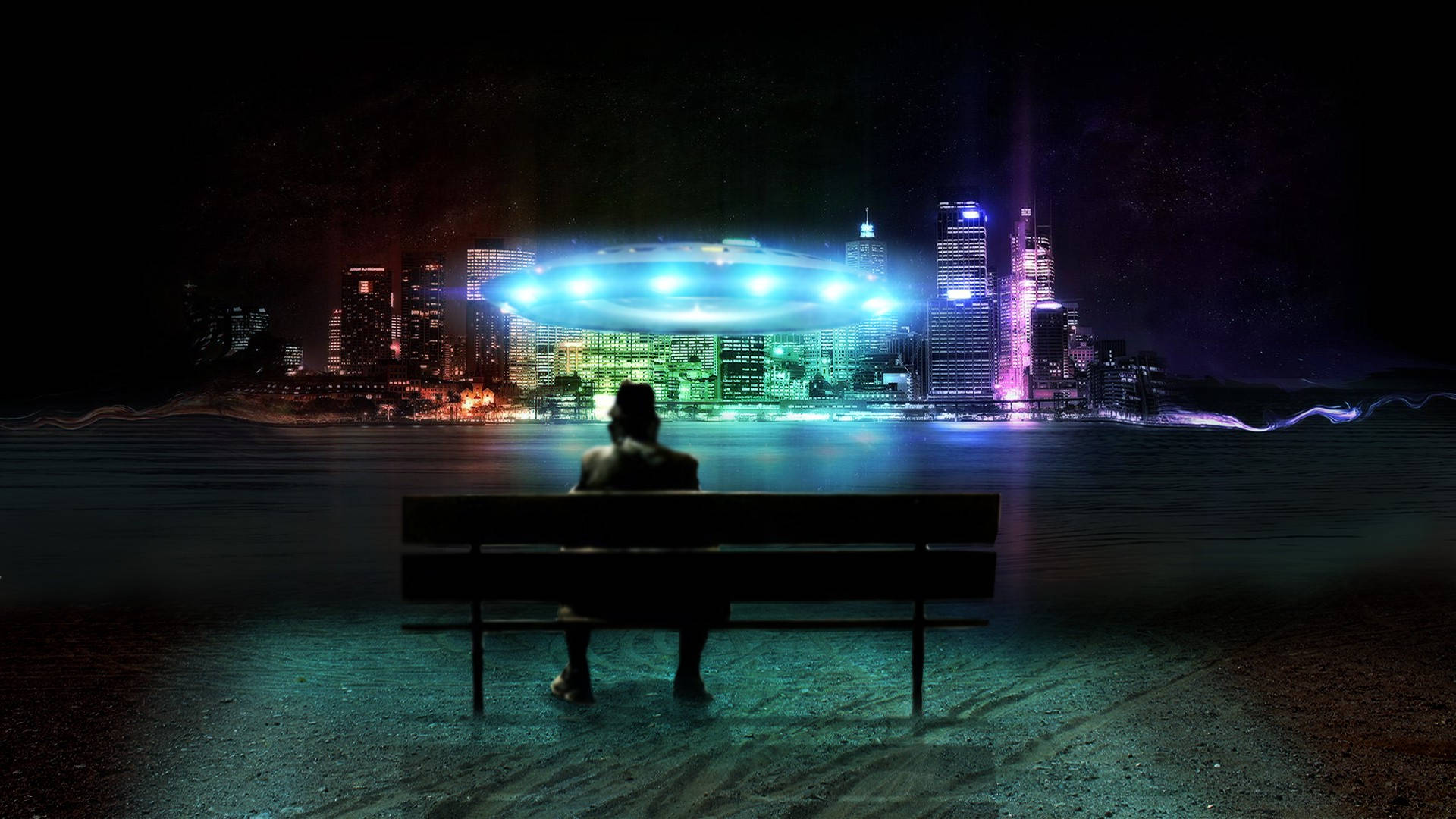 夜晚長椅上的人觀看發光UFO在霓虹城市上空