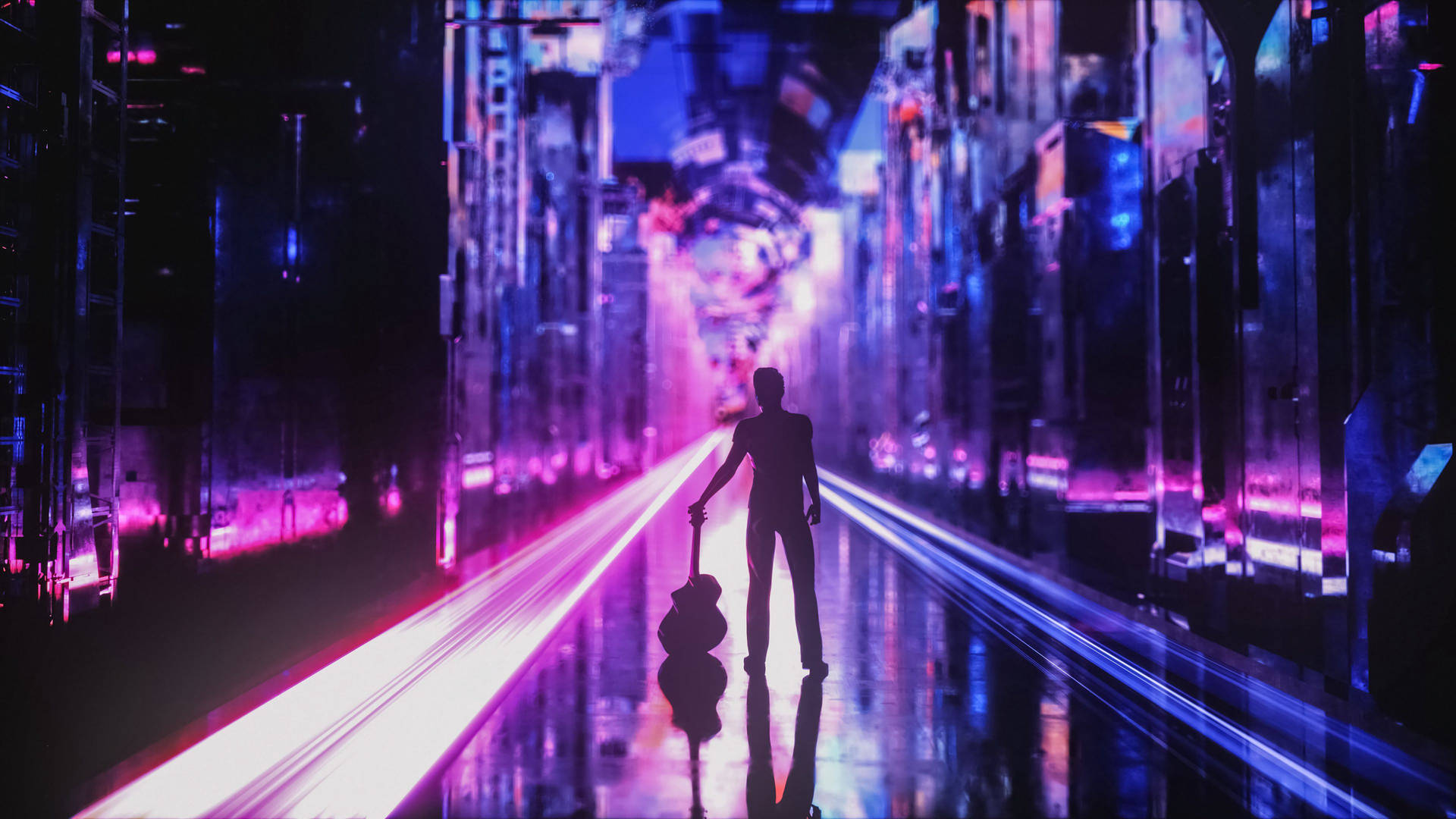 一個人在夜晚拿著結他走在霓虹燈照亮的未來主義街道上的剪影。