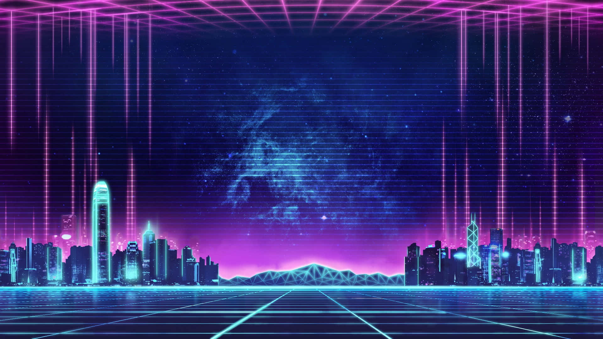 在星空數位天空下，未來城市天際線閃爍著霓虹燈光。
