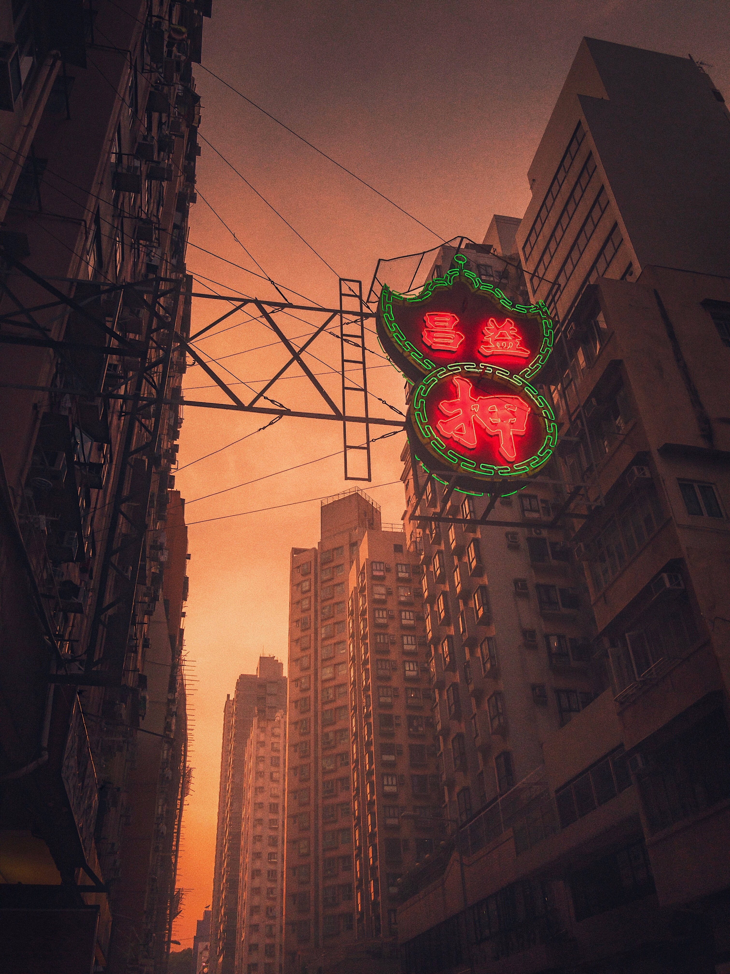 霓虹城市風光 iPhone 壁紙 — 一個發光的紅色霓虹燈招牌，帶有綠色邊框，懸掛在沐浴在溫暖夕陽光中的高聳城市建築之間。