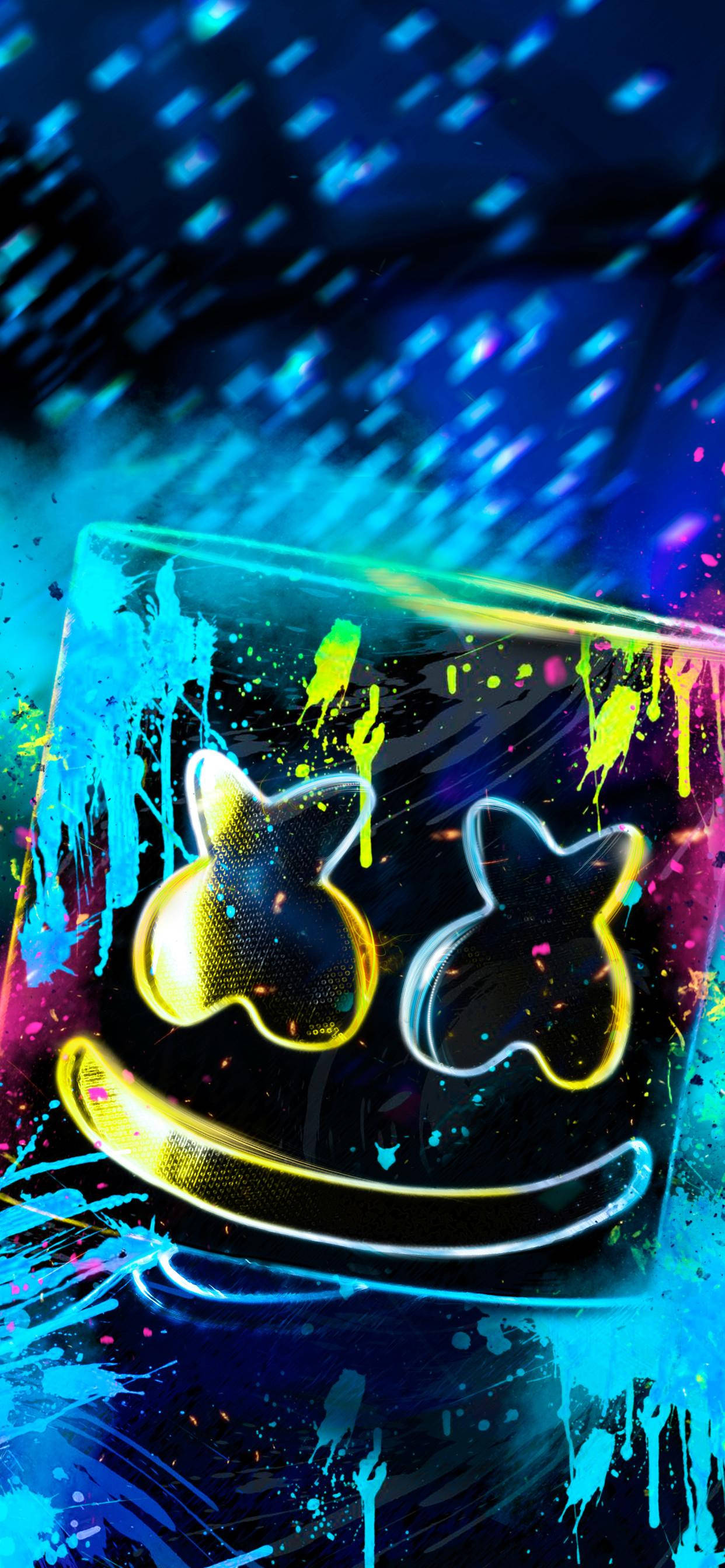 霓虹塗鴉Marshmello iPhone壁紙 壁紙 — 一個發光的黃色Marshmello頭盔，帶有霓虹顏料潑濺，背景是充滿活力的藍色宇宙。