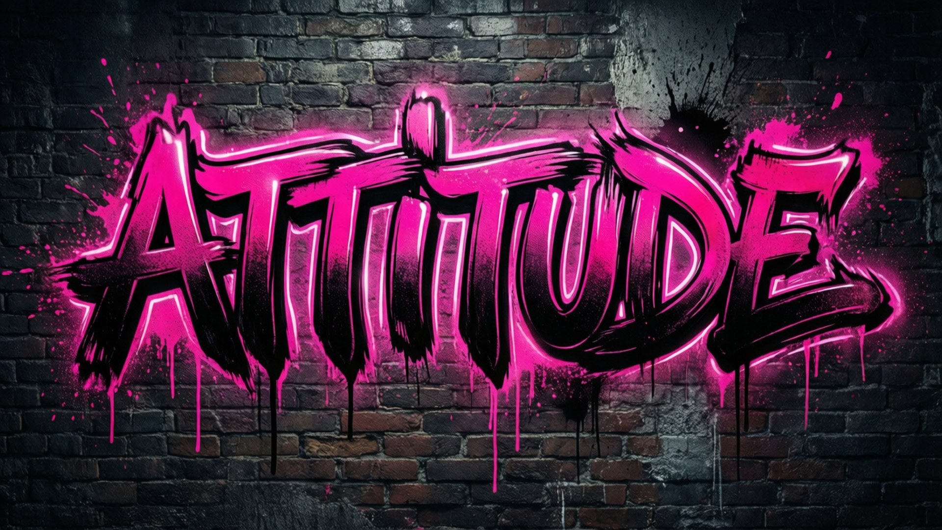 粉紅色塗鴉字詞 attitude 在暗色磚牆上，油漆滴落。