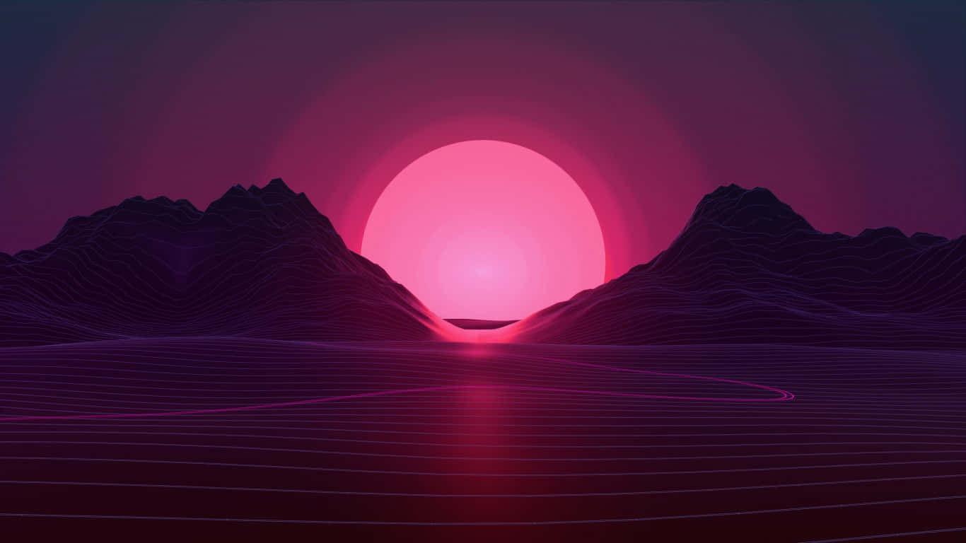 霓虹夕陽 1366x768 顯示器背景 壁紙 — 一個復古未來主義的景觀，發光的粉紅色太陽在網格圖案的地形上落在紫色山脈後面。