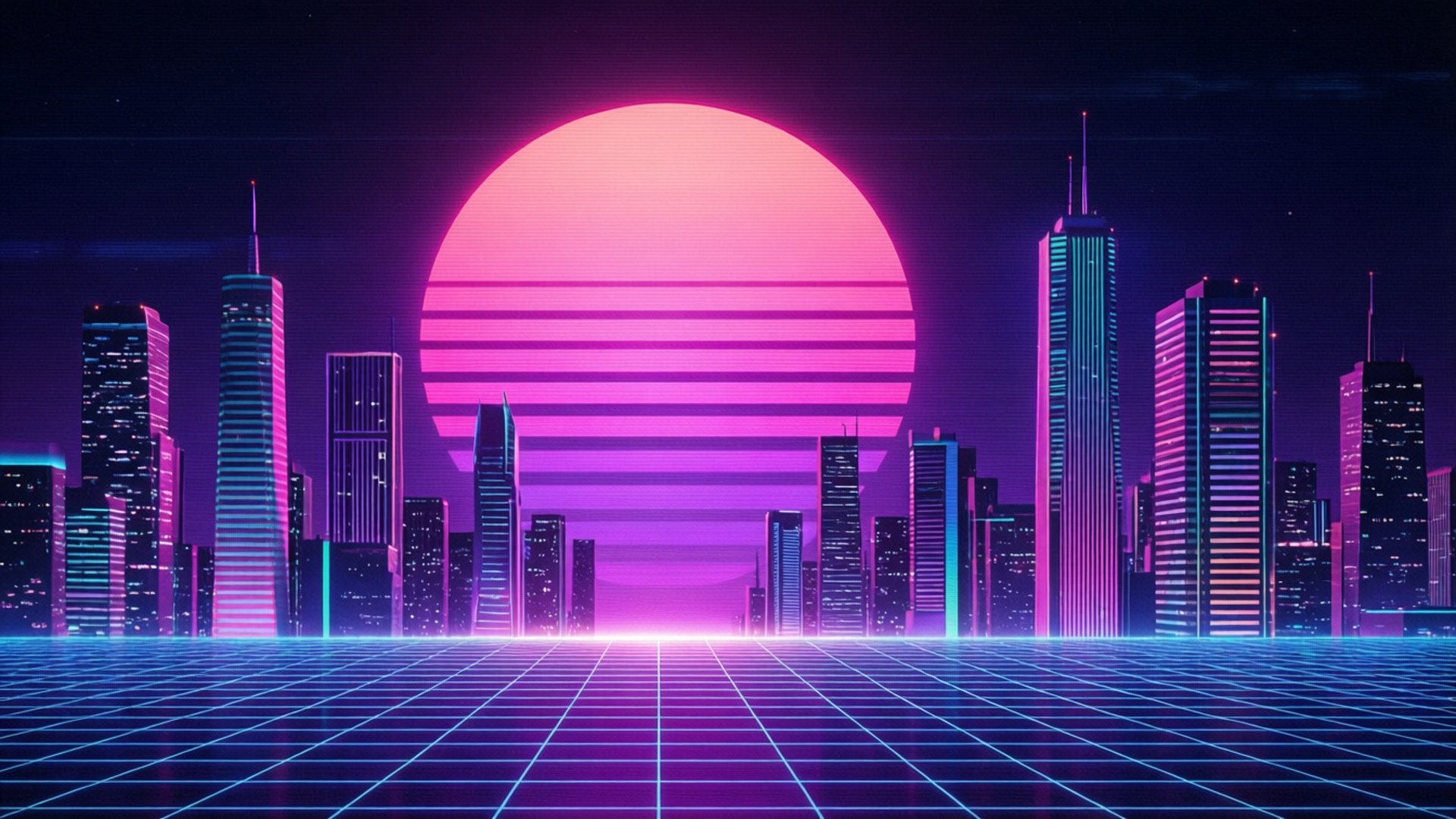 霓虹夕陽網格 壁紙 — 一個霓虹燈閃爍的復古未來主義城市景觀，在黃昏時分，一個巨大的條紋太陽懸浮在發光的網格街道之上。