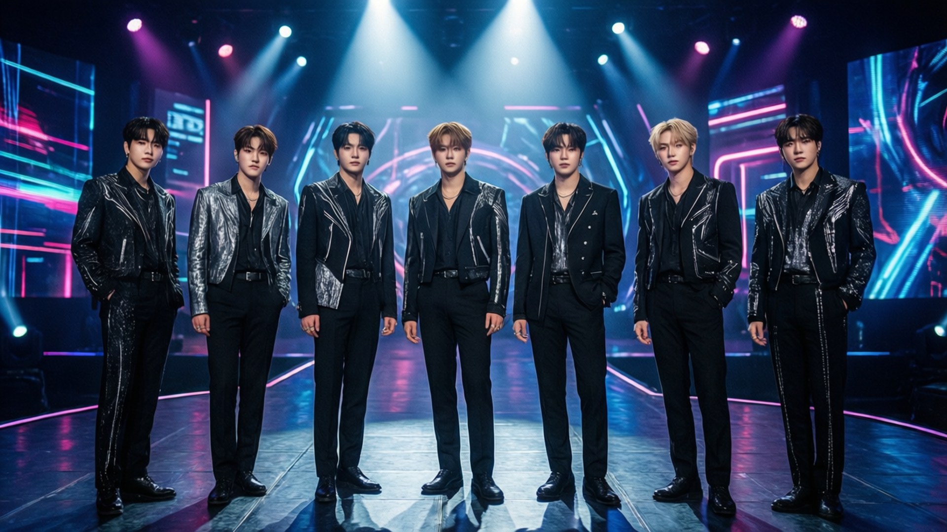 EXO 在未來感十足的霓虹舞台表演，色彩繽紛且戲劇性強