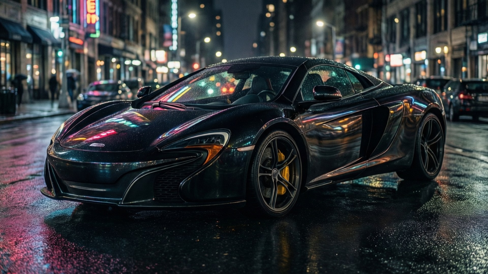 霓虹夜戰士 壁紙 — 一架時尚的黑色McLaren跑車在夜晚濕漉漉的城市街道上，在霓虹燈下閃閃發光。